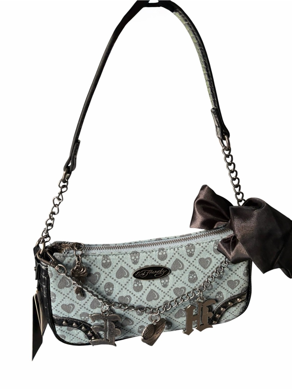 ED HARDY Y2K Denim Shoulder Bag with Metal Logo and Skull Charms